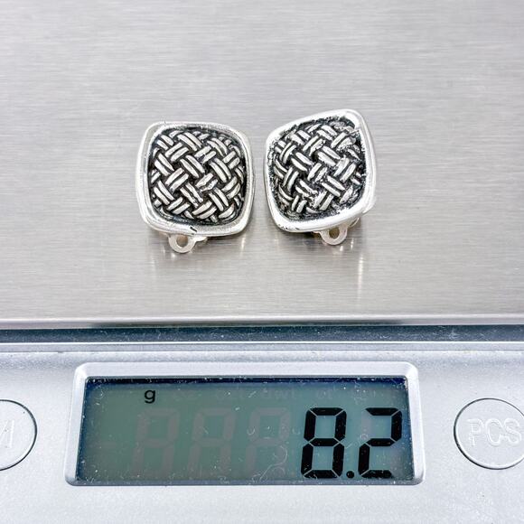 Vintage Sterling Silver 925 1.5cm Textured Basketweave Clip-On Earrings - Picture 7 of 8